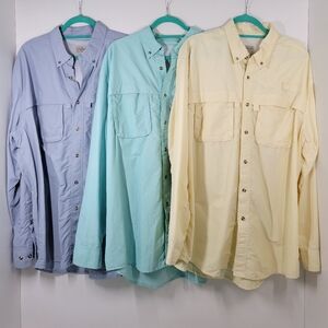 3 LL Bean Teal Yellow Blue Fishing Vented Pocket Button Long Sleeve Shirt Men XL